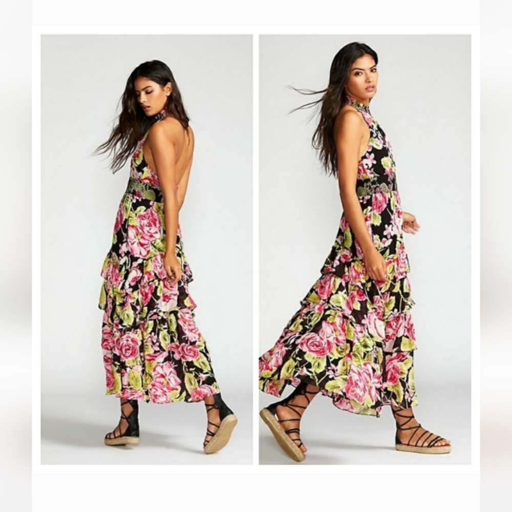 NWT Free People Black in Full Bloom halter maxi dress